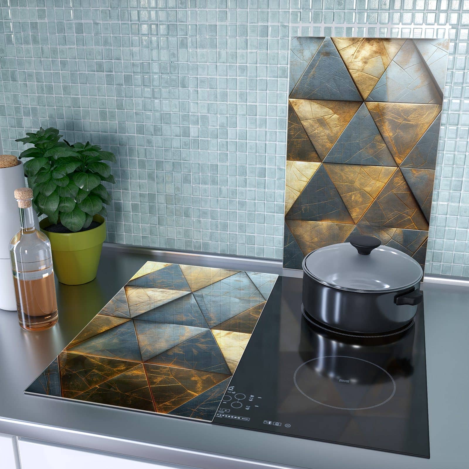 2-teilige Herdabdeckplatten mit Geometrische Wandkunst-Motiv als Spritzschutz hinter dem Kochfeld