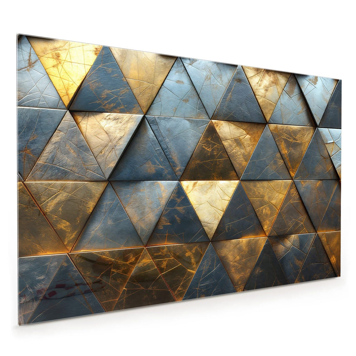 Küchenrückwand aus Glas im Hochformat mit Motiv Blaugoldene Dreiecke: Dreiecksfliesen aus Metall in Gold und Stahlblau