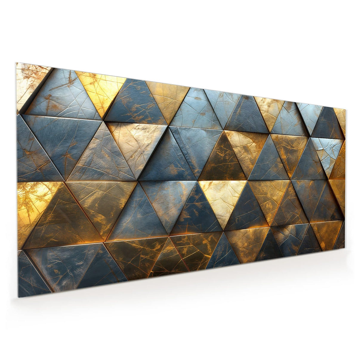 Küchenrückwand aus Glas im Hochformat mit Motiv Blaugoldene Dreiecke: Dreiecksfliesen aus Metall in Gold und Stahlblau