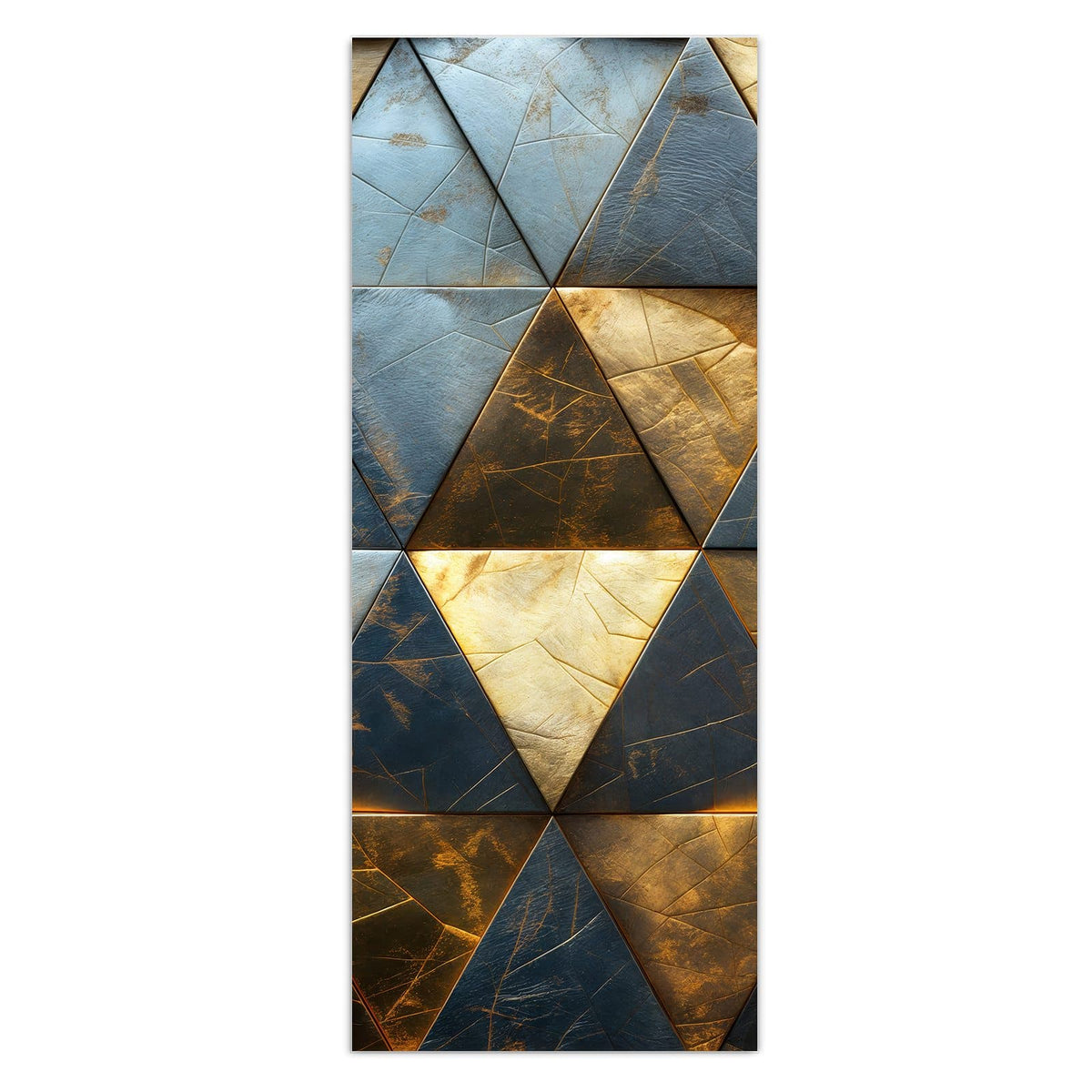 Wandbild - Blaugoldene Dreiecke - Hochformat – Dreiecksmosaik in Gold und Blau