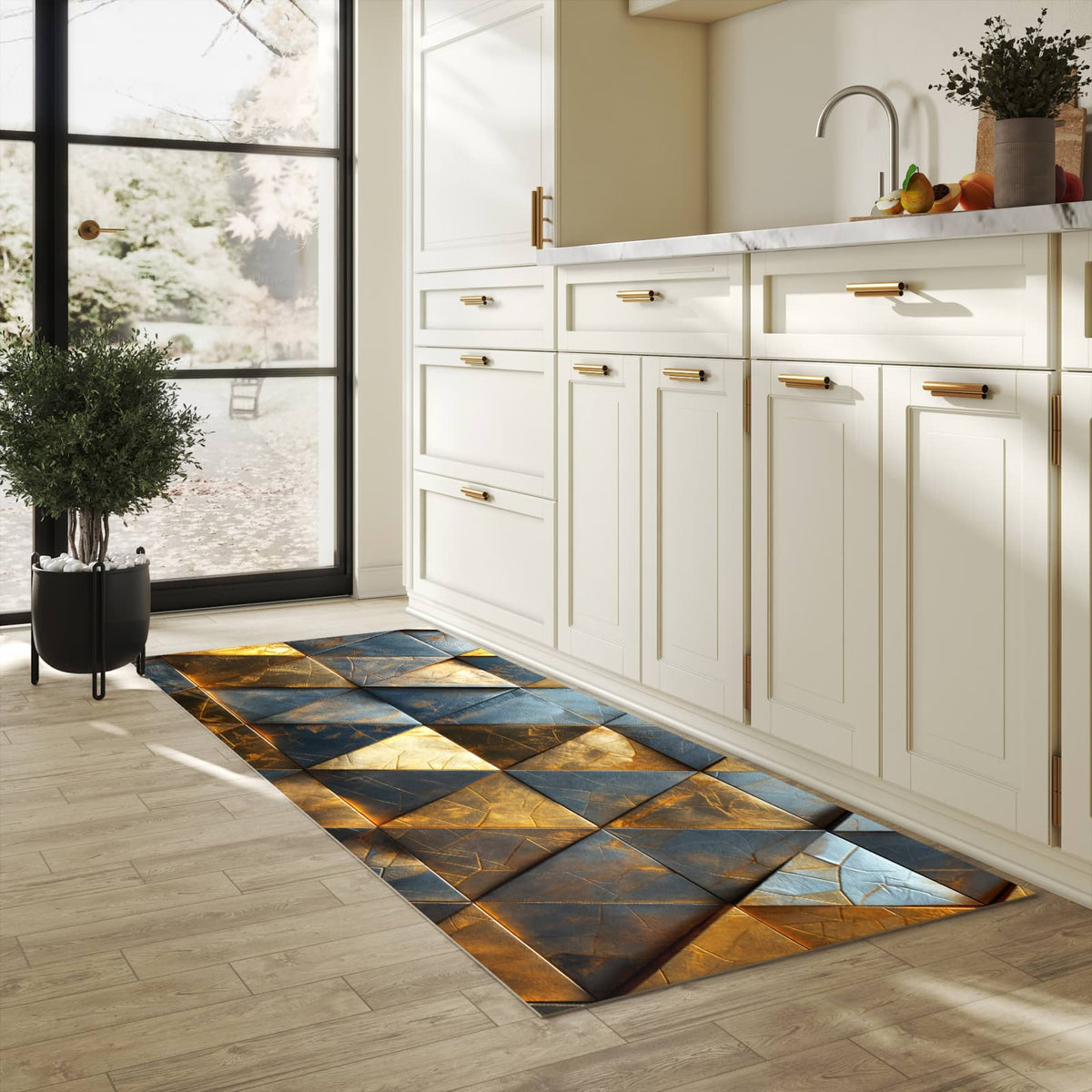 Abriebfester Küchenläufer mit Motiv Geometrische Wandkunst in heller Küche