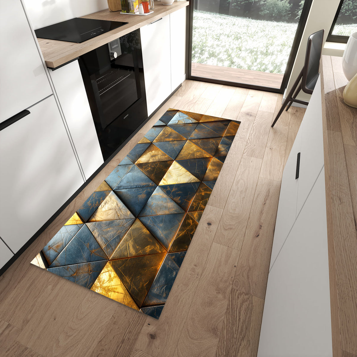 Rutschfester Küchenläufer mit Motiv Geometrische Wandkunst in moderner Küche