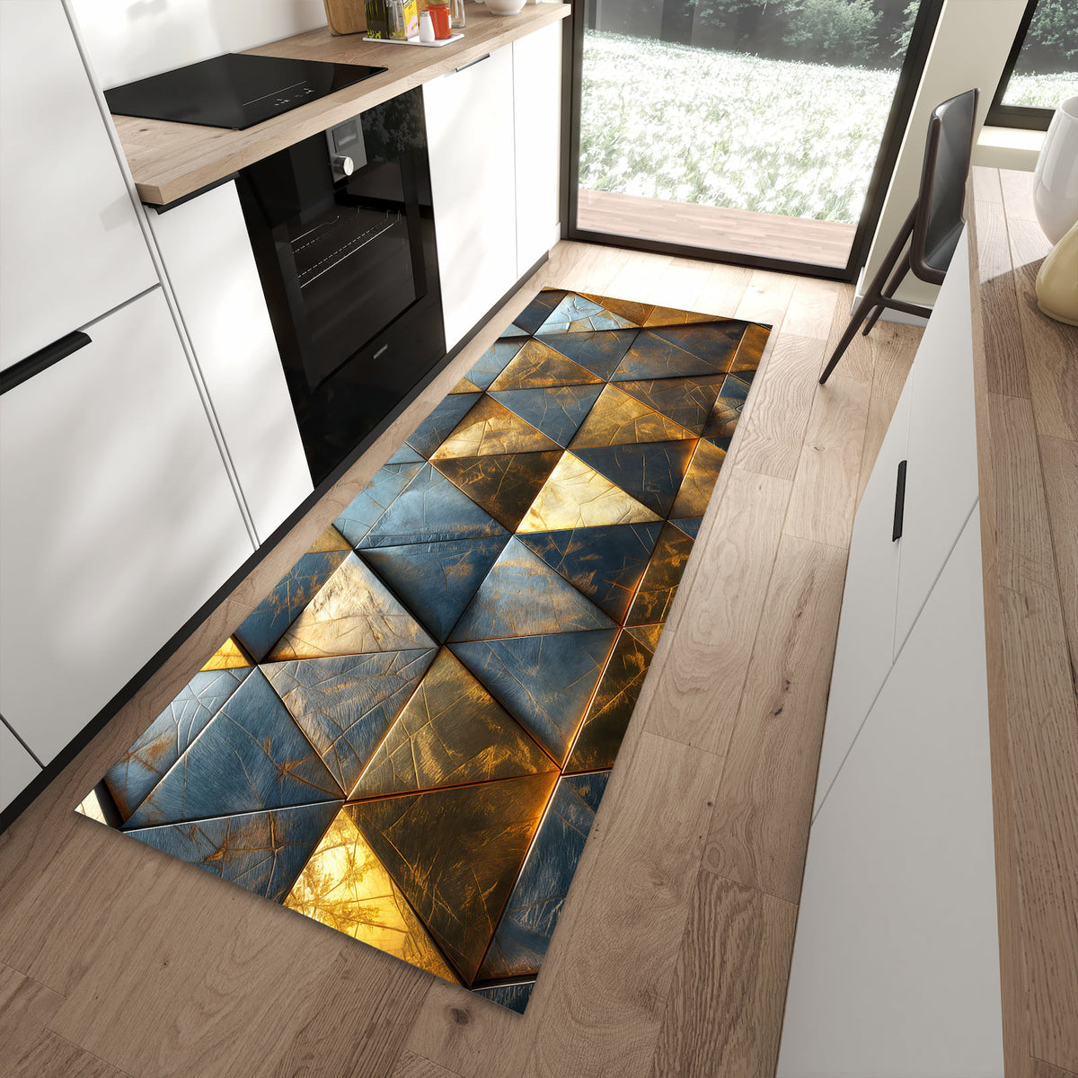 Farbbeständiger Teppichläufer mit Motiv Geometrische Wandkunst in moderner Küche