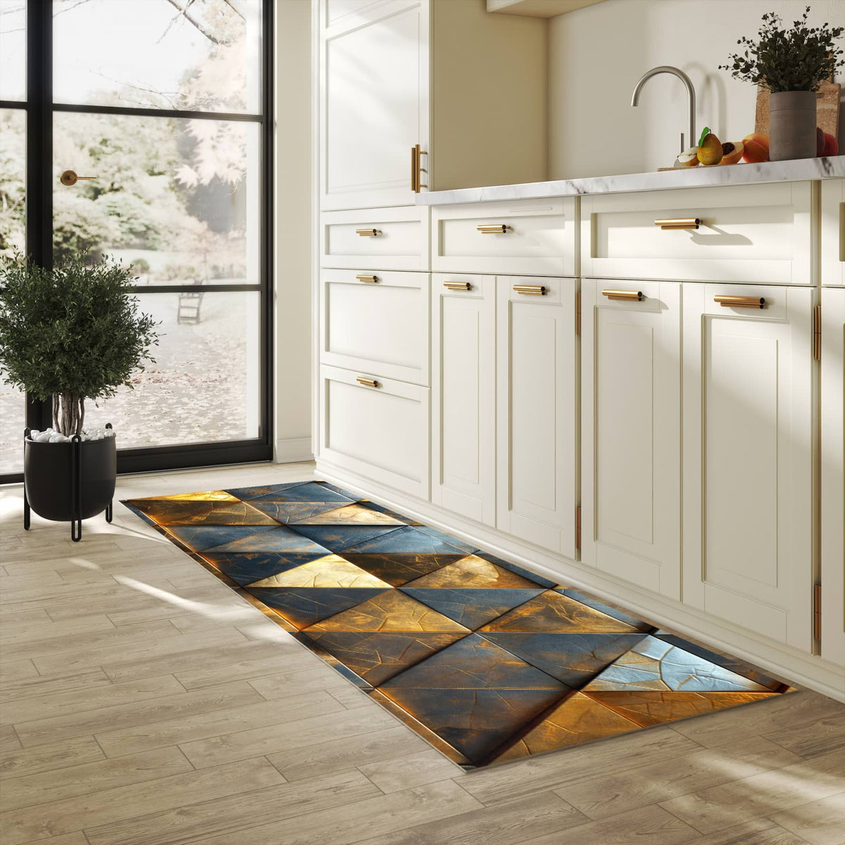 Formstabiler großer Küchenteppich mit Motiv Geometrische Wandkunst in heller Küche