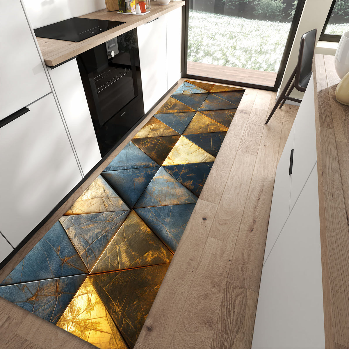 Ordnungsschaffender Küchenläufer mit Motiv Geometrische Wandkunst in moderner Küche