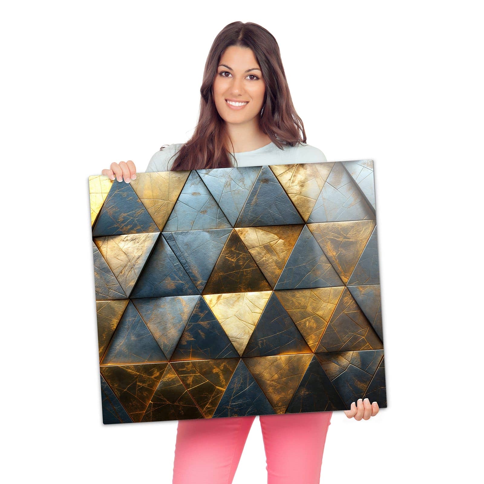 Glasplatte für Herd mit Geometrische Wandkunst-Motiv wird zur Größendarstellung gehalten