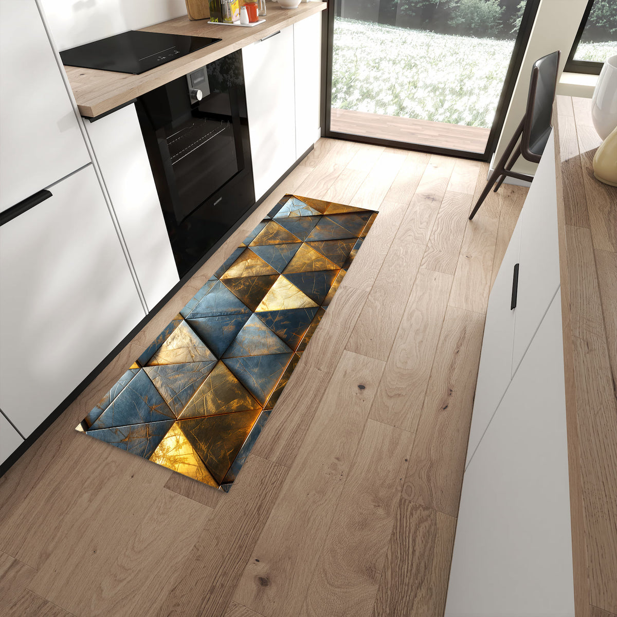 Küchenteppich mit Motiv Geometrische Wandkunst für angenehme Haptik in moderner Küche