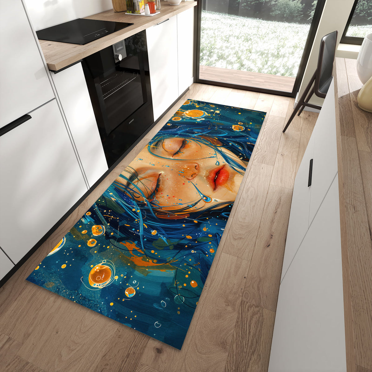 Komfortabler Küchenteppich mit Motiv Traumhafte Illusion in moderner Küche