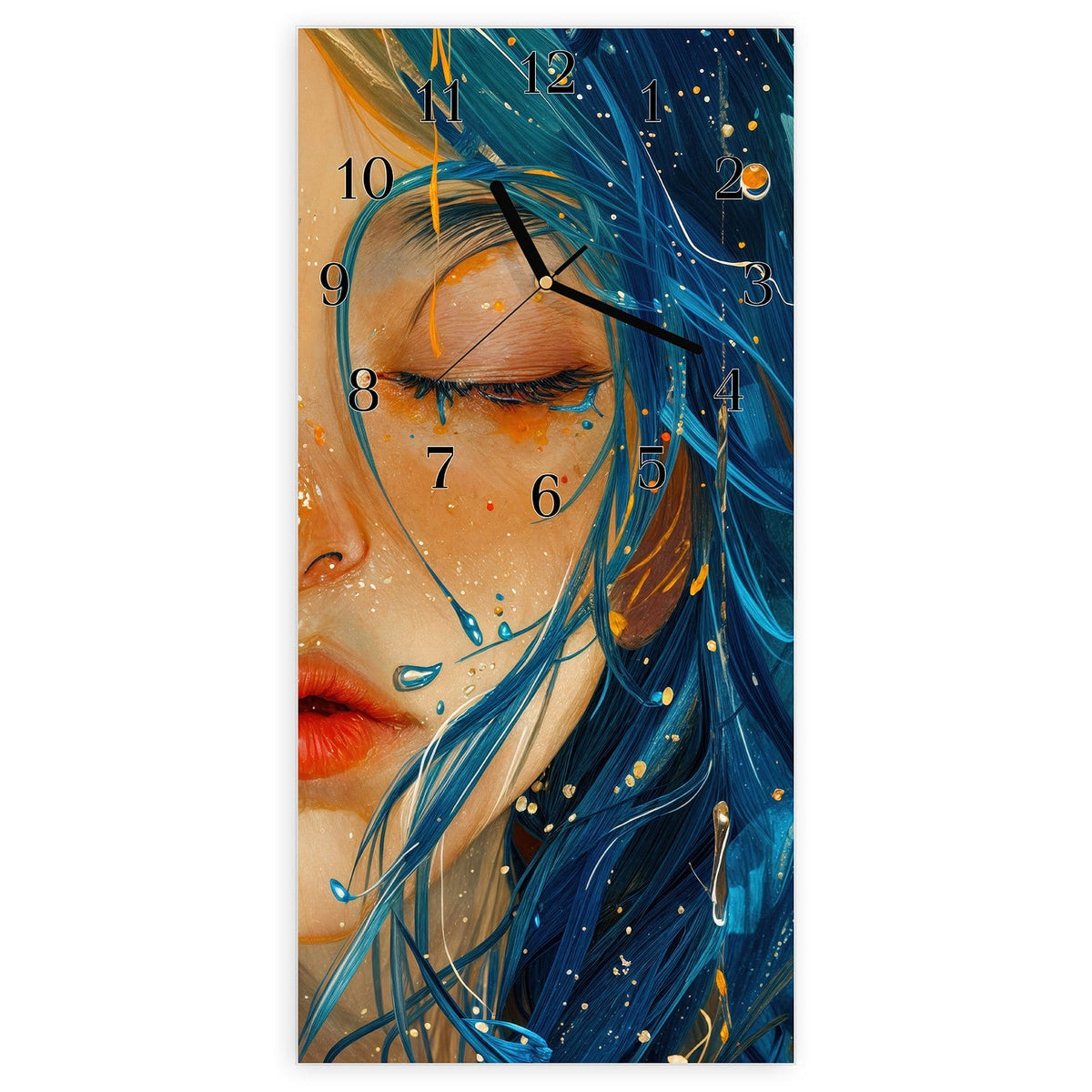 Wanduhr aus Glas, Ziffernblatt Klassisch: Gesicht mit geschlossenen Augen, fließendes blaues Haar, Wassertropfen und Goldpunkte #ziffernblatt_Klassisch