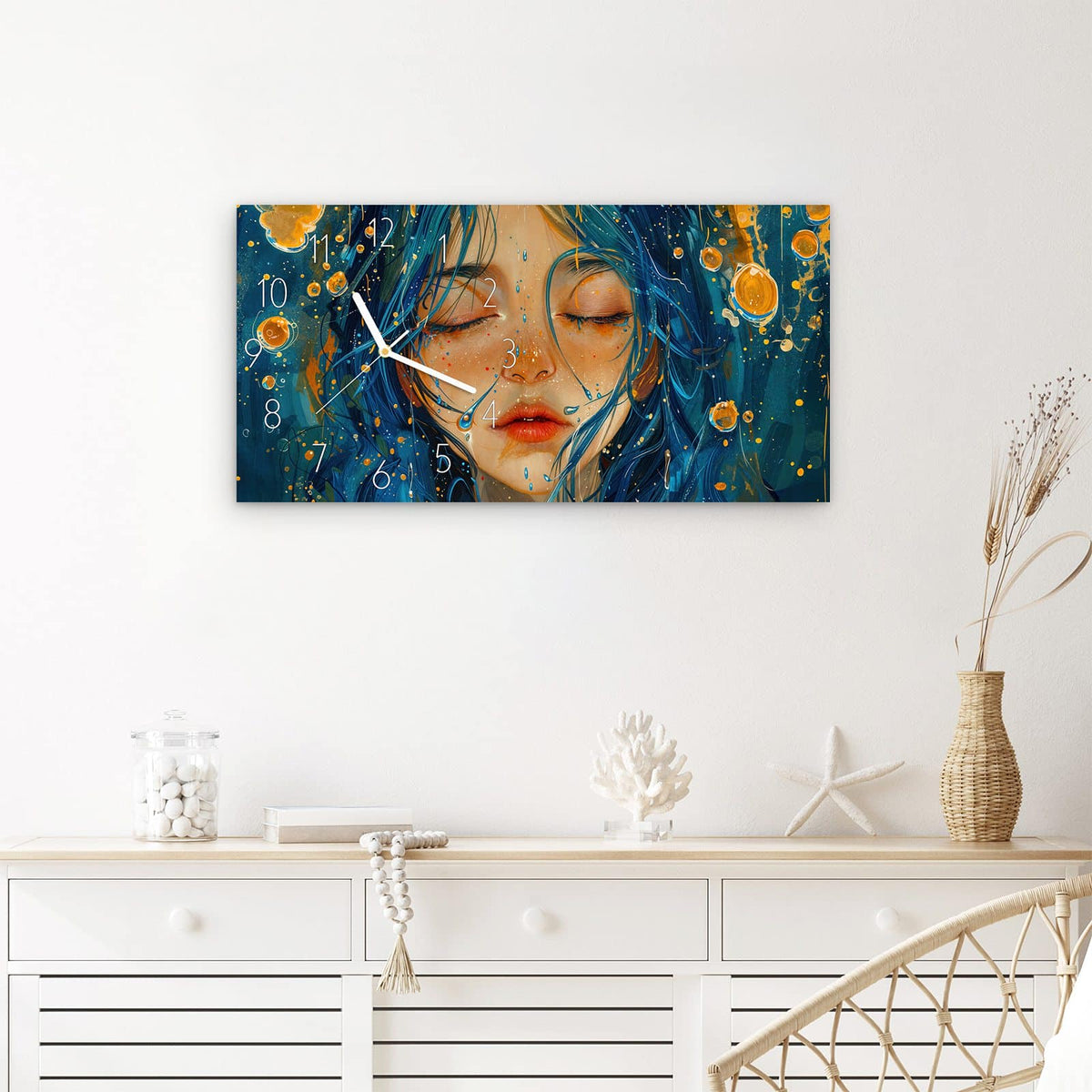 Wanduhr Traumhafte Illusion aus Glas – Querformat 60 × 30 cm – Gesicht mit fließendem blauem Haar