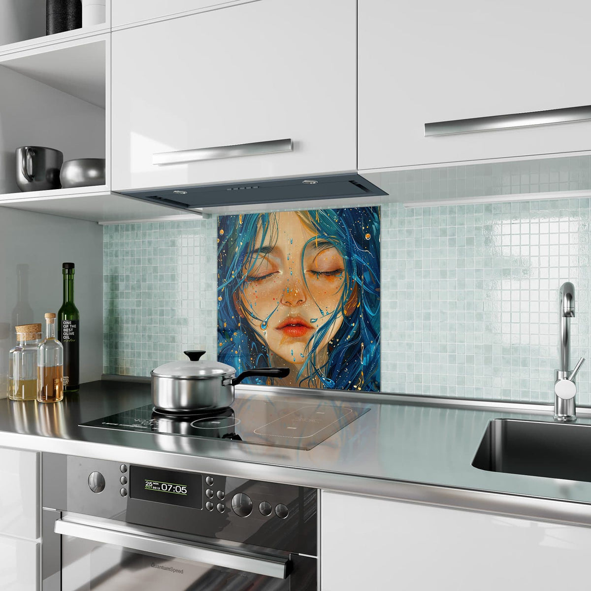 Küchenrückwand aus Glas Gesicht mit blauem Haar im quadratischen Format als Spritzschutz hinter dem Kochfeld, über dem Fliesenspiegel montiert
