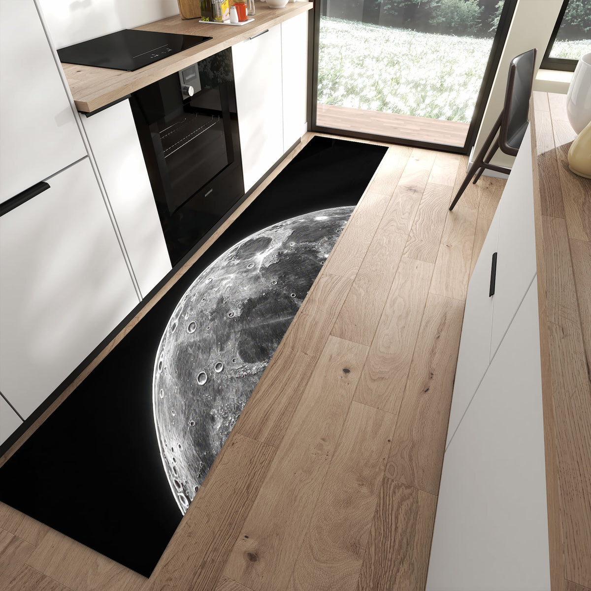 Wasserabweisender Teppich für die Küche mit Motiv Mondkrater Close-up in moderner Küche