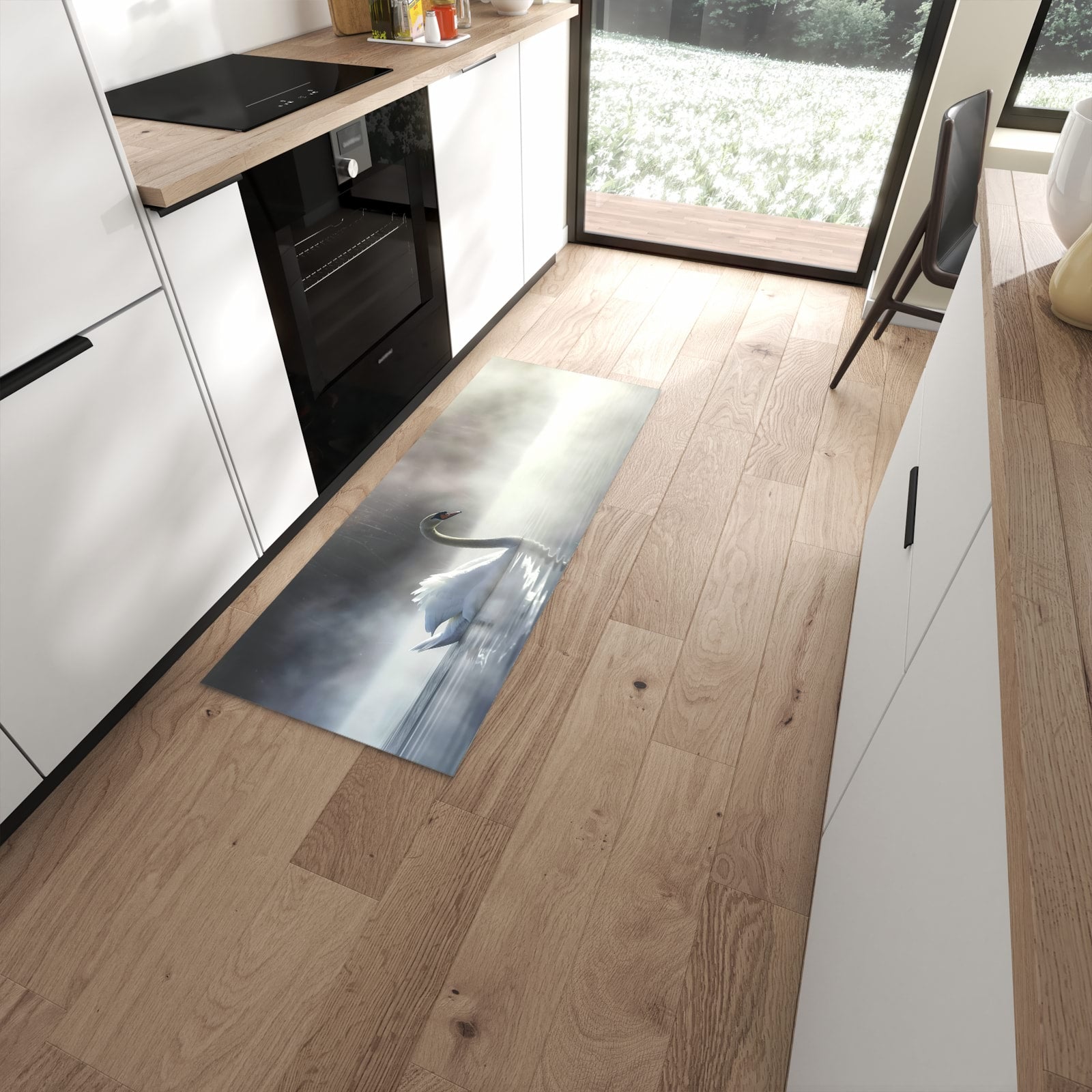 Hygienischer Küchenläufer mit Motiv Schwimmender Schwan in moderner Küche #grösse_60 x 150 cm