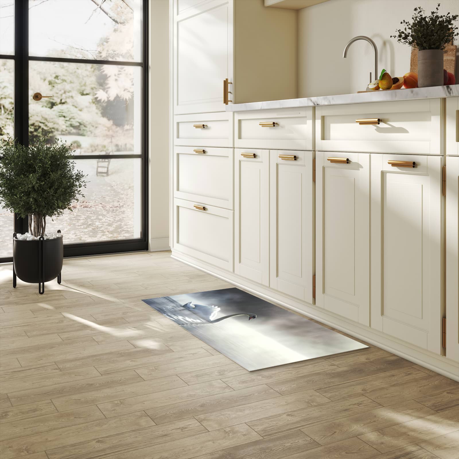 Bodenschonender Küchenteppich mit Motiv Schwimmender Schwan in heller Küche