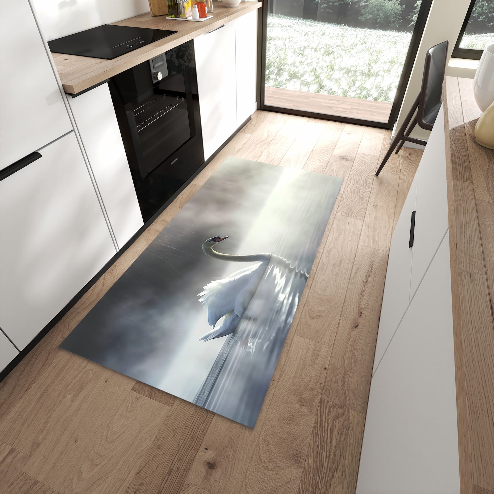 Formstabiler Küchenläufer mit Motiv Schwimmender Schwan in moderner Küche