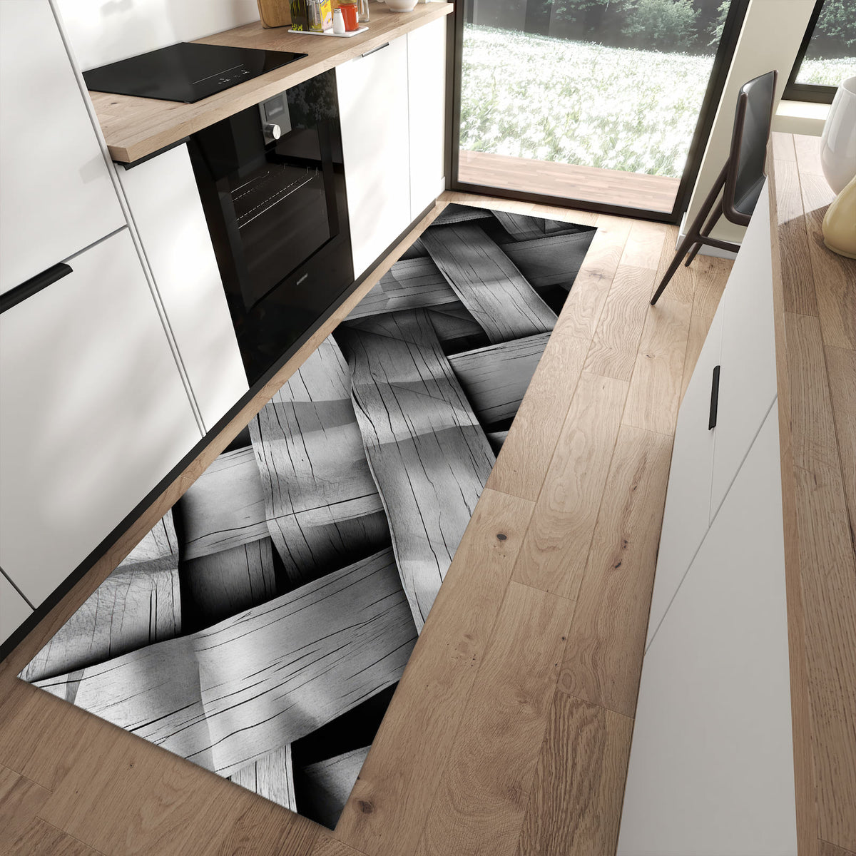 Pflegeleichter waschbarer Küchenteppich mit Motiv Geflochtenes Holz in moderner Küche