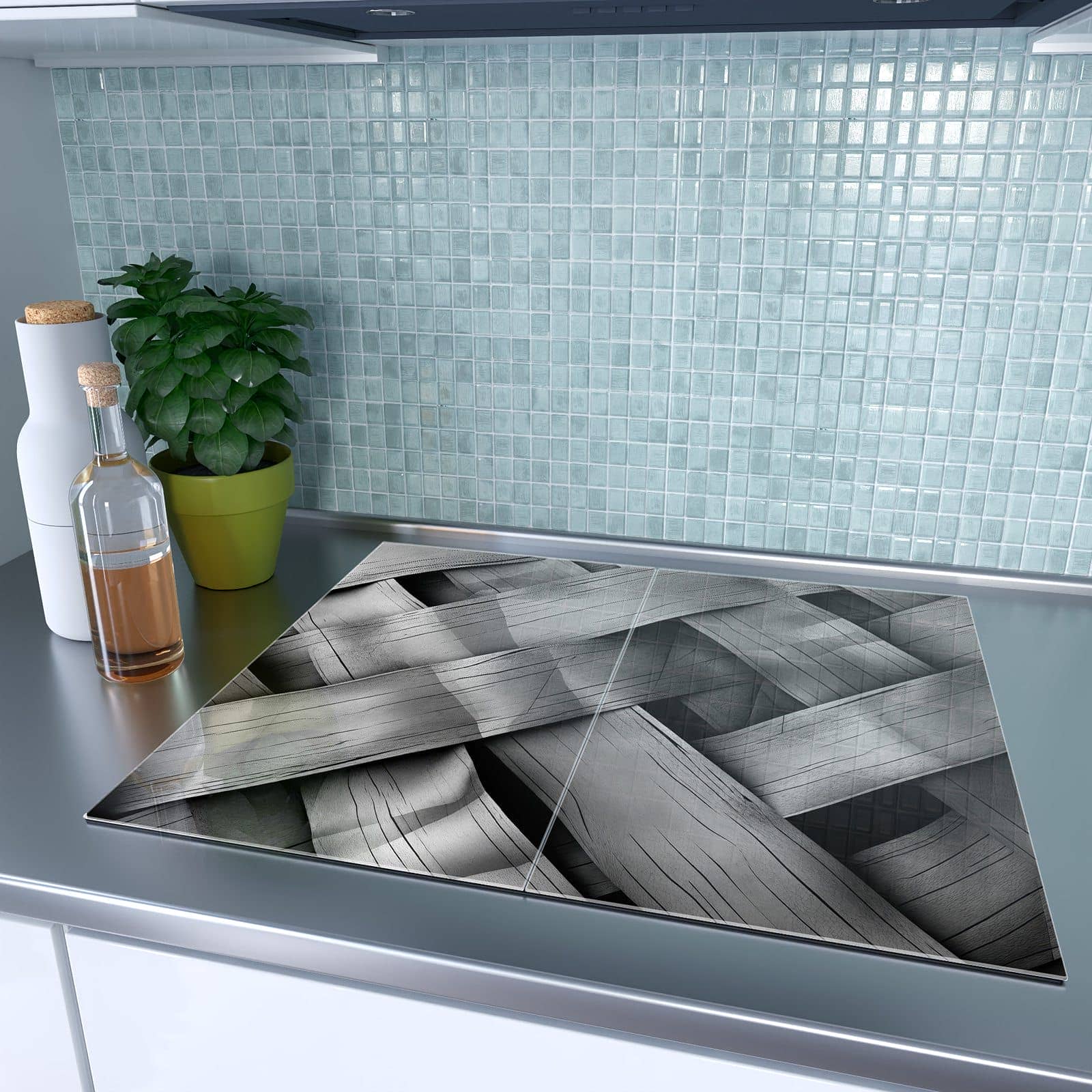 2-teilige Abdeckplatte Ceranfeld mit Geflochtenes Holz-Motiv auf dem Ceranfeld