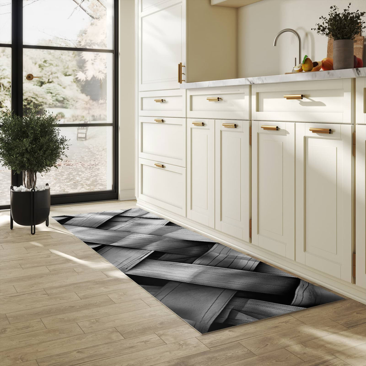 Strapazierfähiger Teppich für Esstisch mit Motiv Geflochtenes Holz in heller Küche