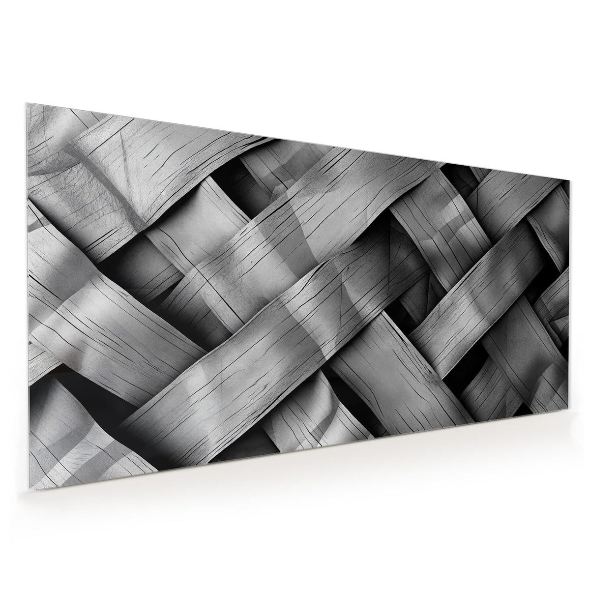 Küchenrückwand aus Glas im Hochformat mit Motiv Graues Holzgeflecht: Grauschwarze Nahaufnahme breiter, diagonal verflochtener Holzbänder