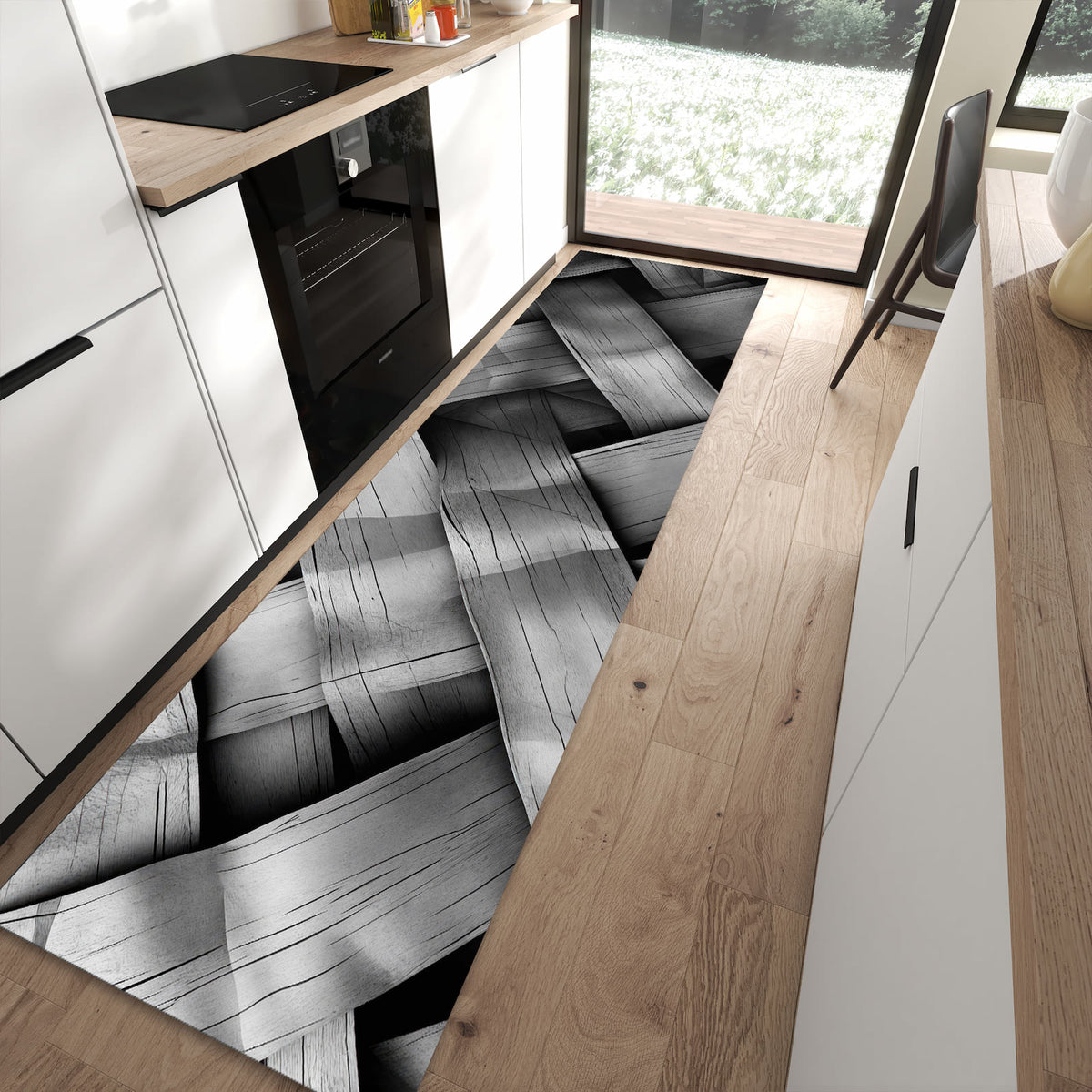 Komfortabler großer Küchenteppich mit Motiv Geflochtenes Holz in moderner Küche