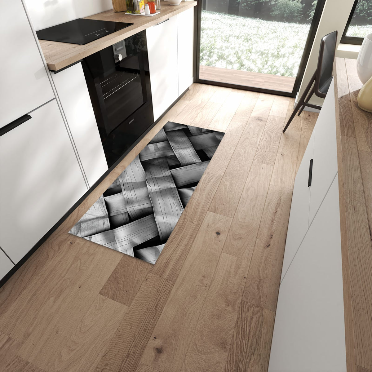 UV-beständiger Bodenläufer mit Motiv Geflochtenes Holz in moderner Küche #grösse_60 x 150 cm