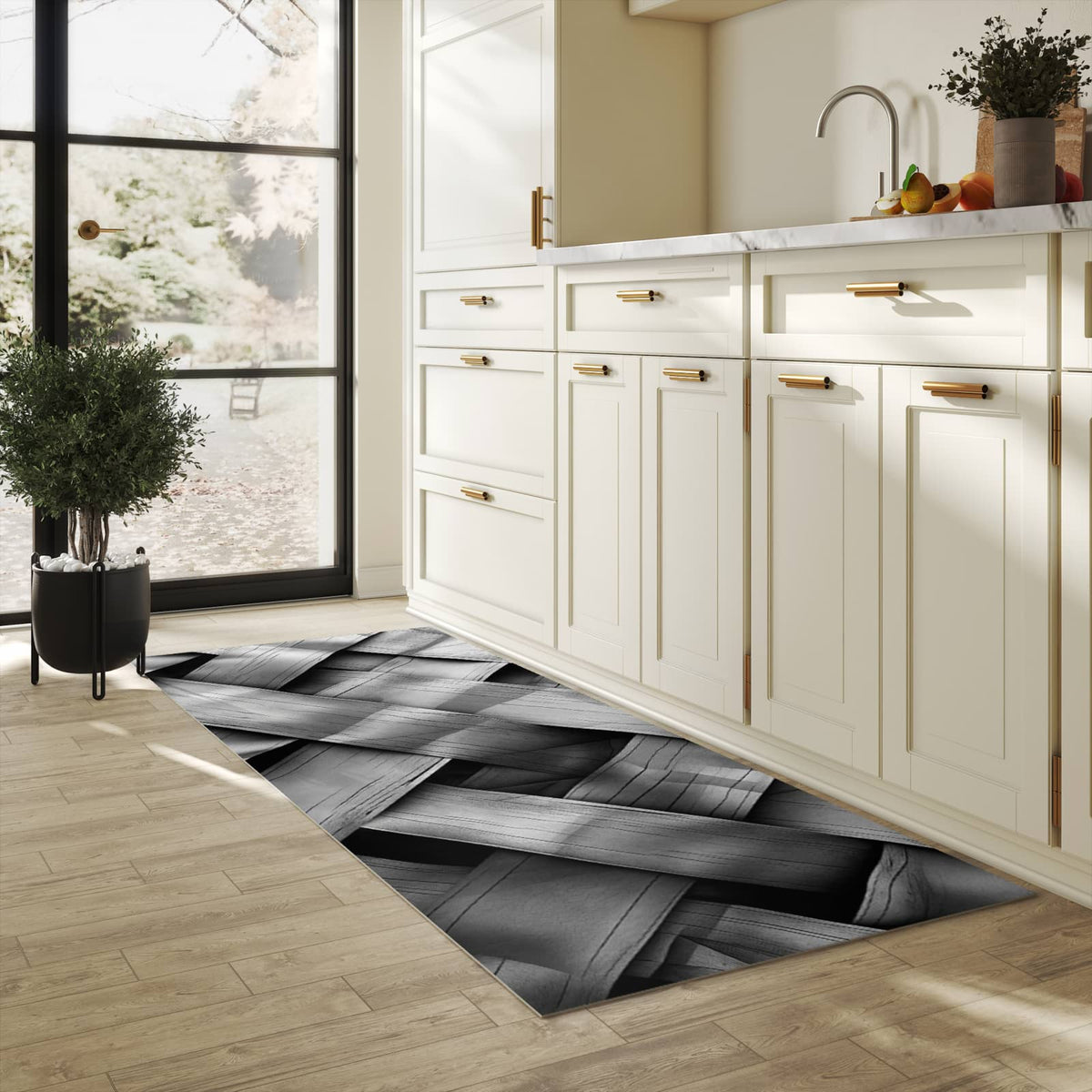 Feuchtigkeitsresistenter Küchenteppich mit Motiv Geflochtenes Holz in heller Küche
