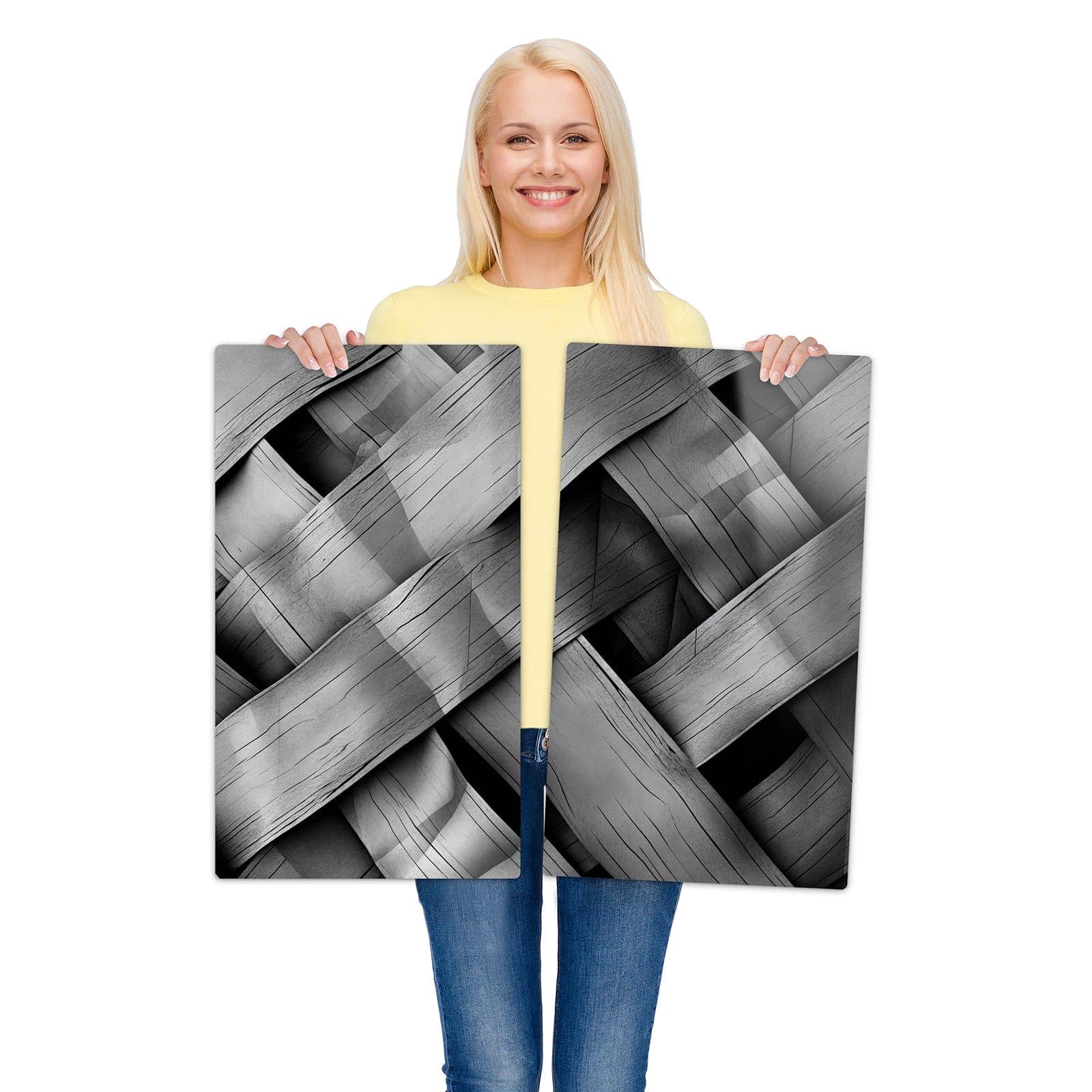 2-teilige Herdabdeckung aus Glas mit Geflochtenes Holz-Motiv wird zur Größendarstellung gehalten