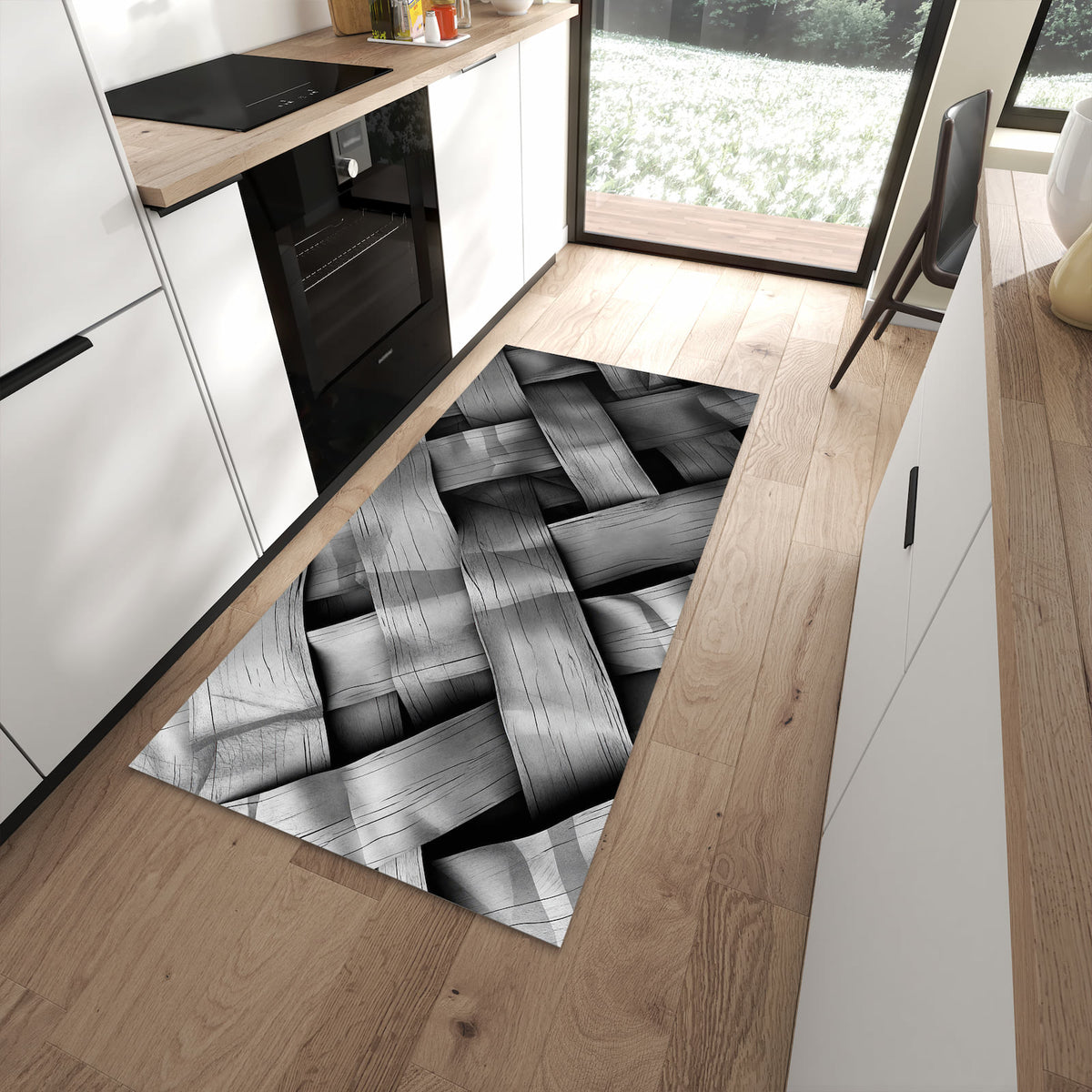 Rutschfester Küchenteppich mit Motiv Geflochtenes Holz in moderner Küche