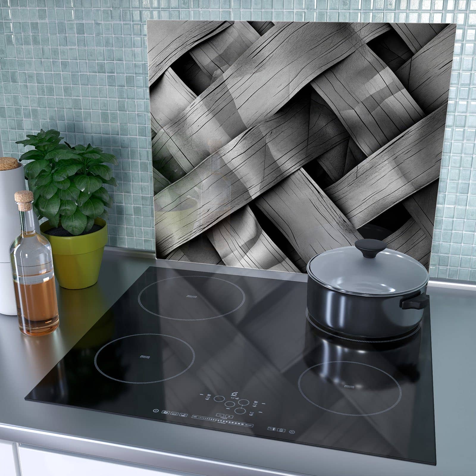 1-teilige Herdabdeckplatte Induktion mit Geflochtenes Holz-Motiv als Spritzschutz hinter dem Kochfeld
