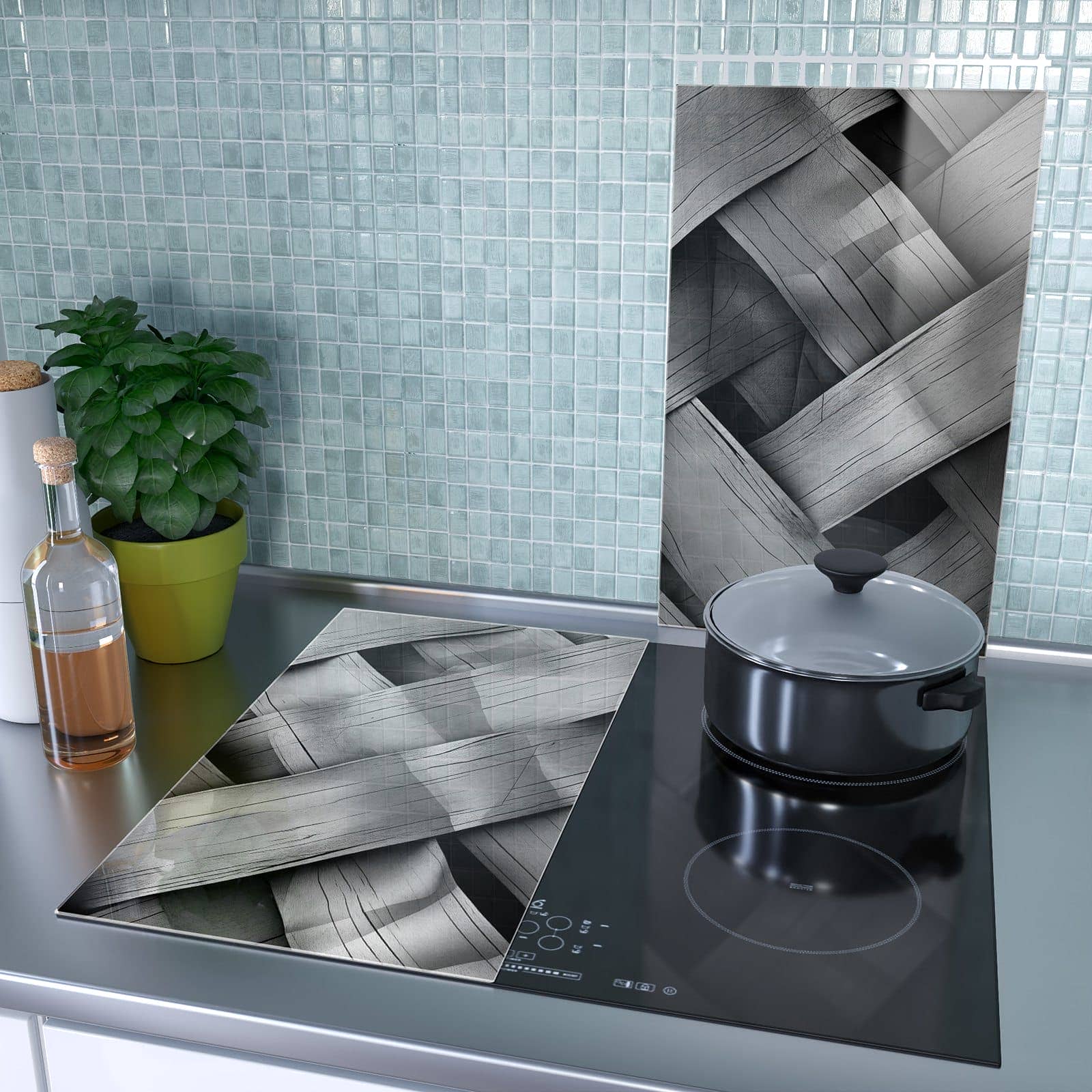 2-teilige Kochfeldabdeckung mit Geflochtenes Holz-Motiv als Spritzschutz hinter dem Kochfeld