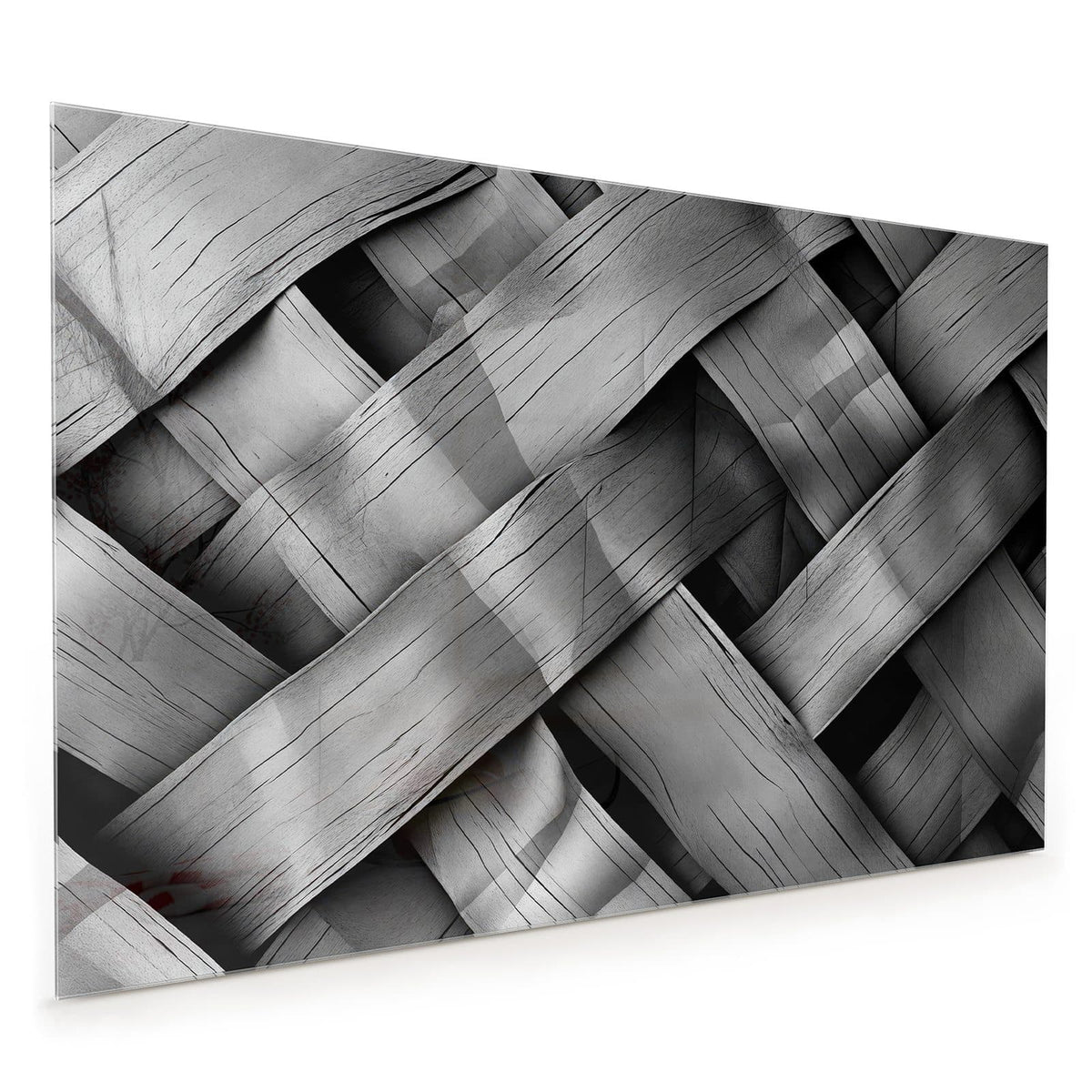 Küchenrückwand aus Glas im Hochformat mit Motiv Graues Holzgeflecht: Grauschwarze Nahaufnahme breiter, diagonal verflochtener Holzbänder