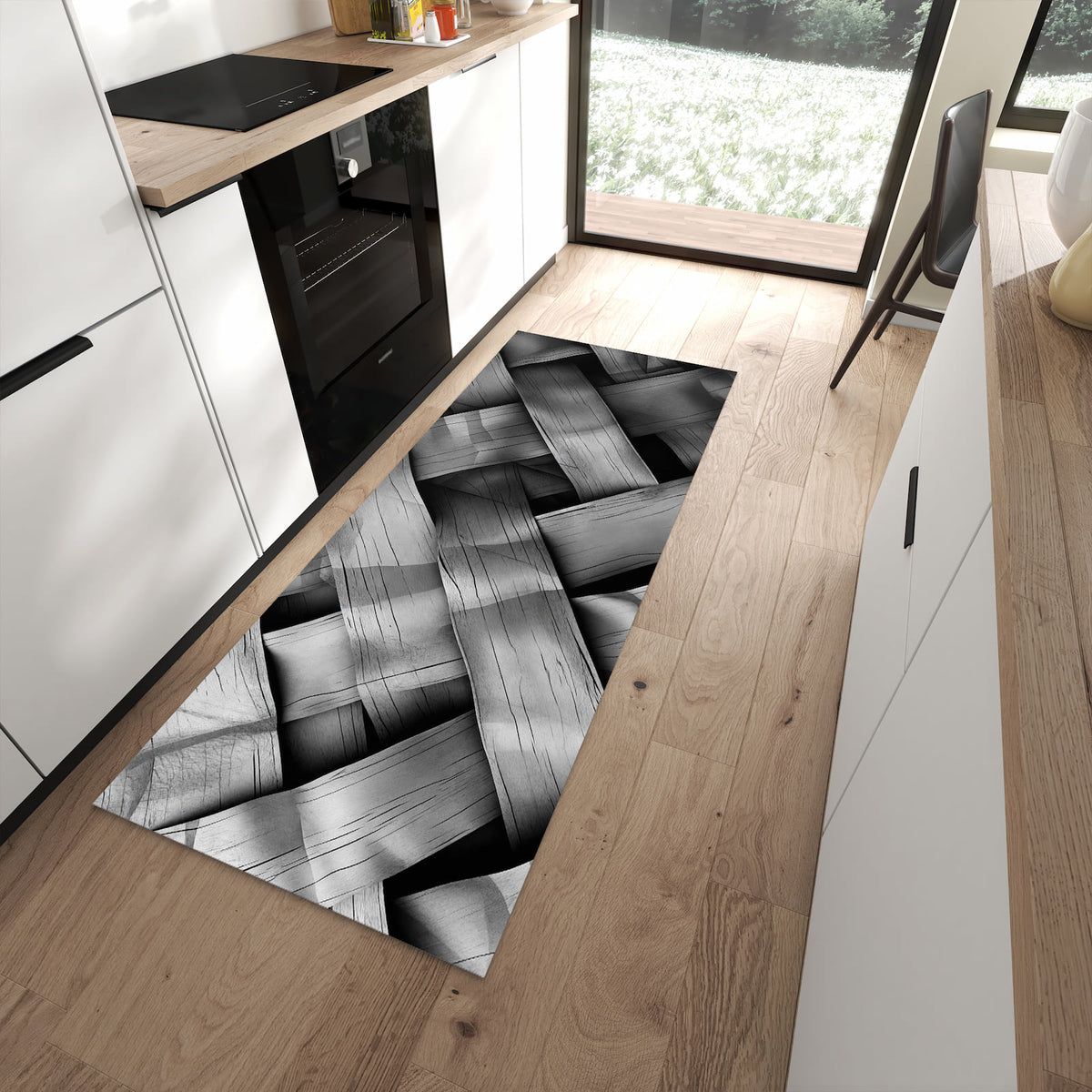 Langlebiger Küchenteppich mit Motiv Geflochtenes Holz in moderner Küche