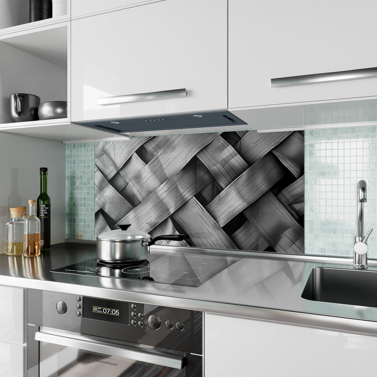 Küchenrückwand aus Glas Graues Holzgeflecht im Hochformat als Spritzschutz hinter dem Kochfeld, über dem Fliesenspiegel montiert