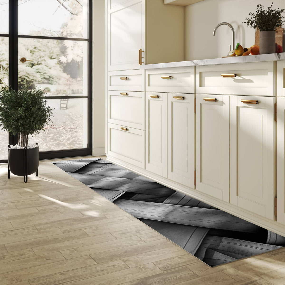 Rutschfester Küchenteppich mit Motiv Geflochtenes Holz in heller Küche, einfach zu reinigen
