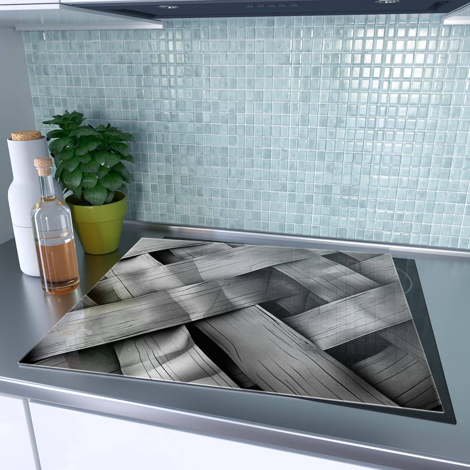 1-teilige Deckplatte aus Glas mit Geflochtenes Holz-Motiv auf dem Ceranfeld