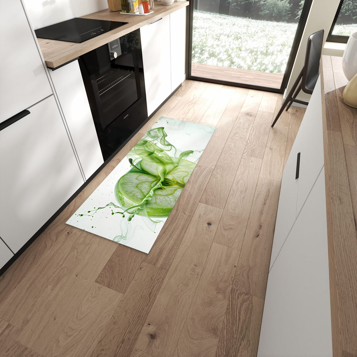 Waschbarer Küchenläufer mit Motiv Zerlegter Apfel in moderner Küche #grösse_60 x 150 cm