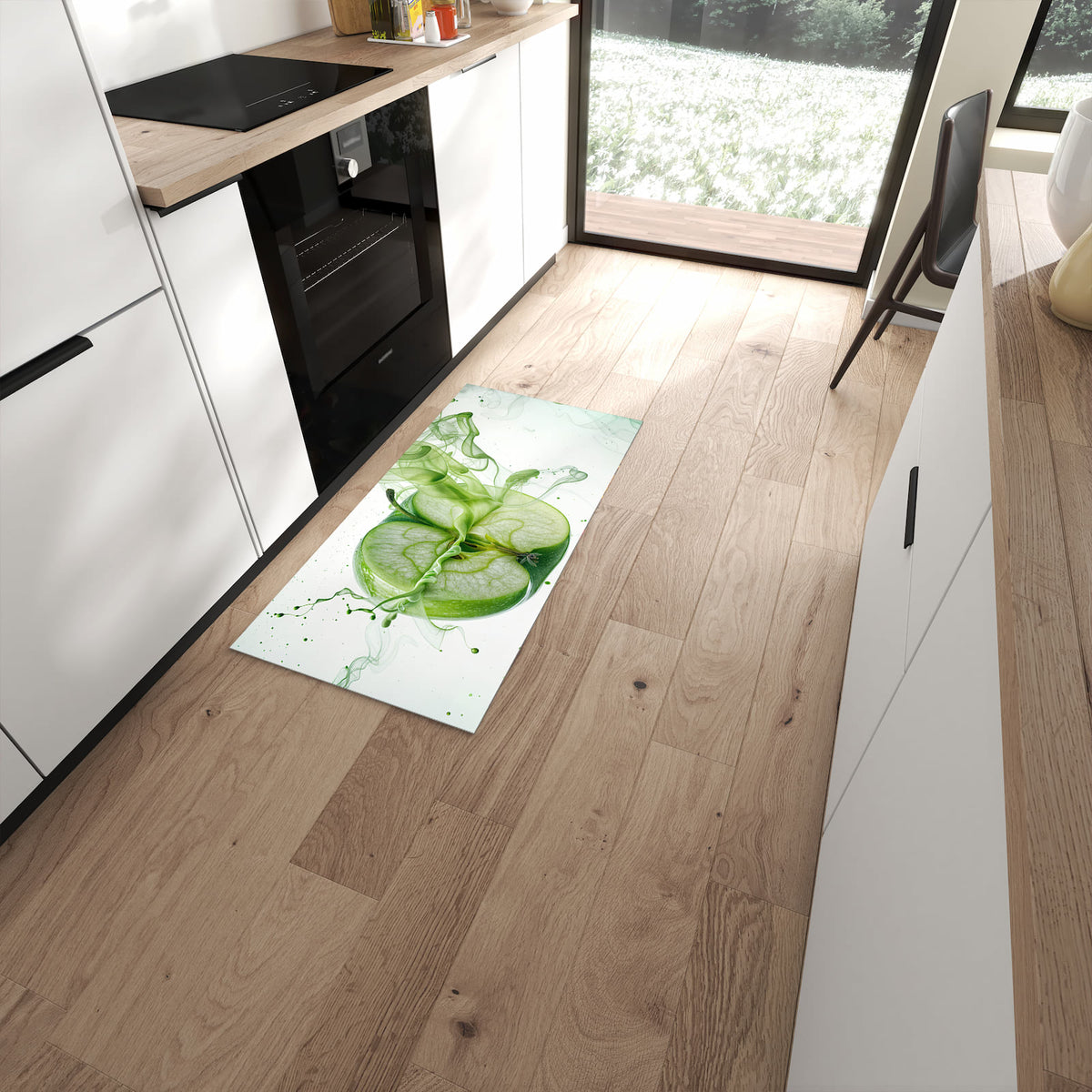 Strapazierfähiger Küchenläufer mit Motiv Zerlegter Apfel in moderner Küche #grösse_60 x 120 cm