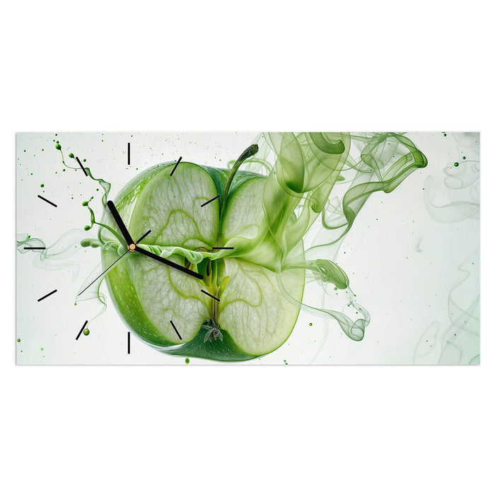 Wanduhr Zerlegter Apfel aus Glas – Querformat 60 × 30 cm mit Ziffernblatt Linie