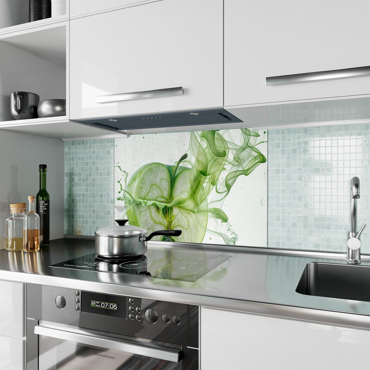 Küchenrückwand aus Glas Apfel in grünem Rauch im Hochformat als Spritzschutz hinter dem Kochfeld, über dem Fliesenspiegel montiert