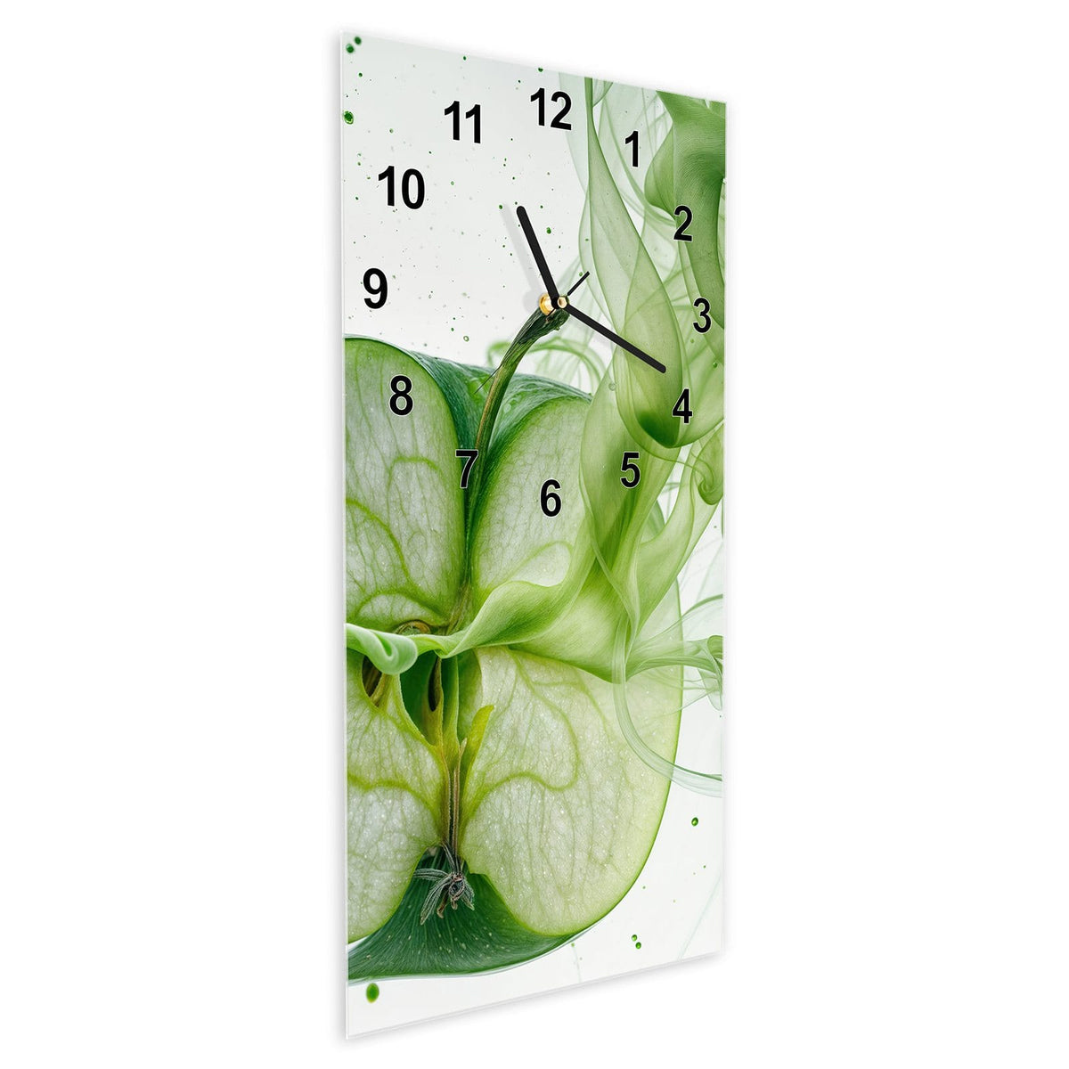 Wanduhr aus Glas im Hochformat Apfel in grünem Rauch schräg von der Seite, 4 mm starkes Glas