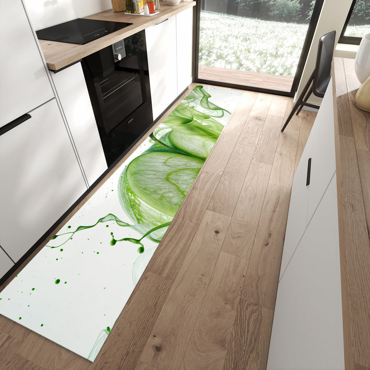 Bodenschonender langer Teppich mit Motiv Zerlegter Apfel in moderner Küche