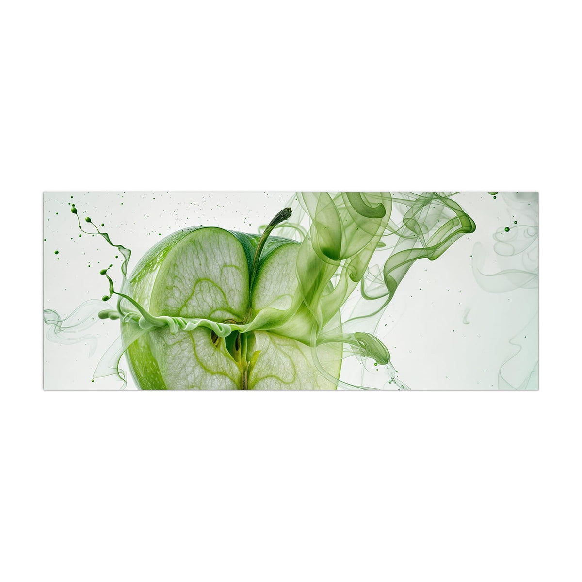 Küchenrückwand aus Glas Apfel in grünem Rauch im Hochformat, Motiv bildfüllend von vorn