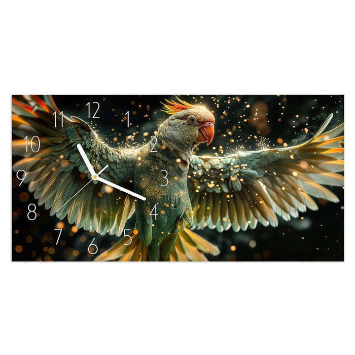 Wanduhr Fliegender Papagei aus Glas – Querformat 60 × 30 cm mit Ziffernblatt Elegant
