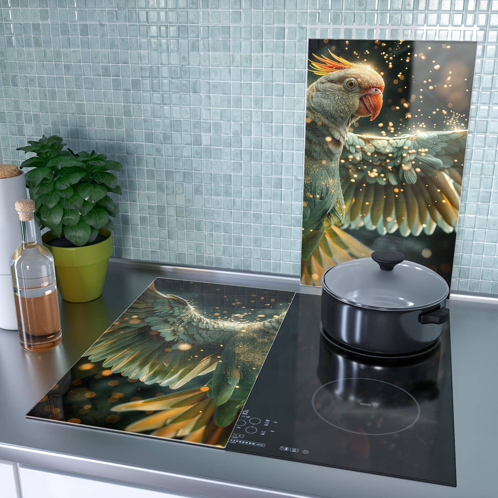 2-teilige Herdabdeckplatten aus Glas mit Fliegender Papagei-Motiv als Spritzschutz hinter dem Kochfeld