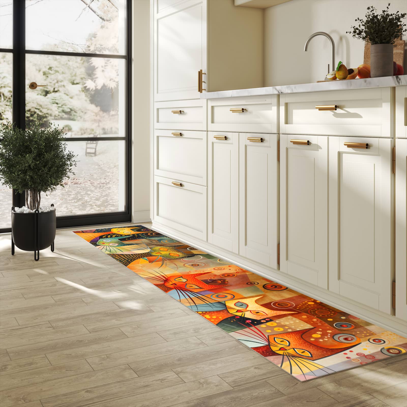 Waschbarer Teppich fürs Esszimmer mit Motiv Katzenkunstwerk in heller Küche