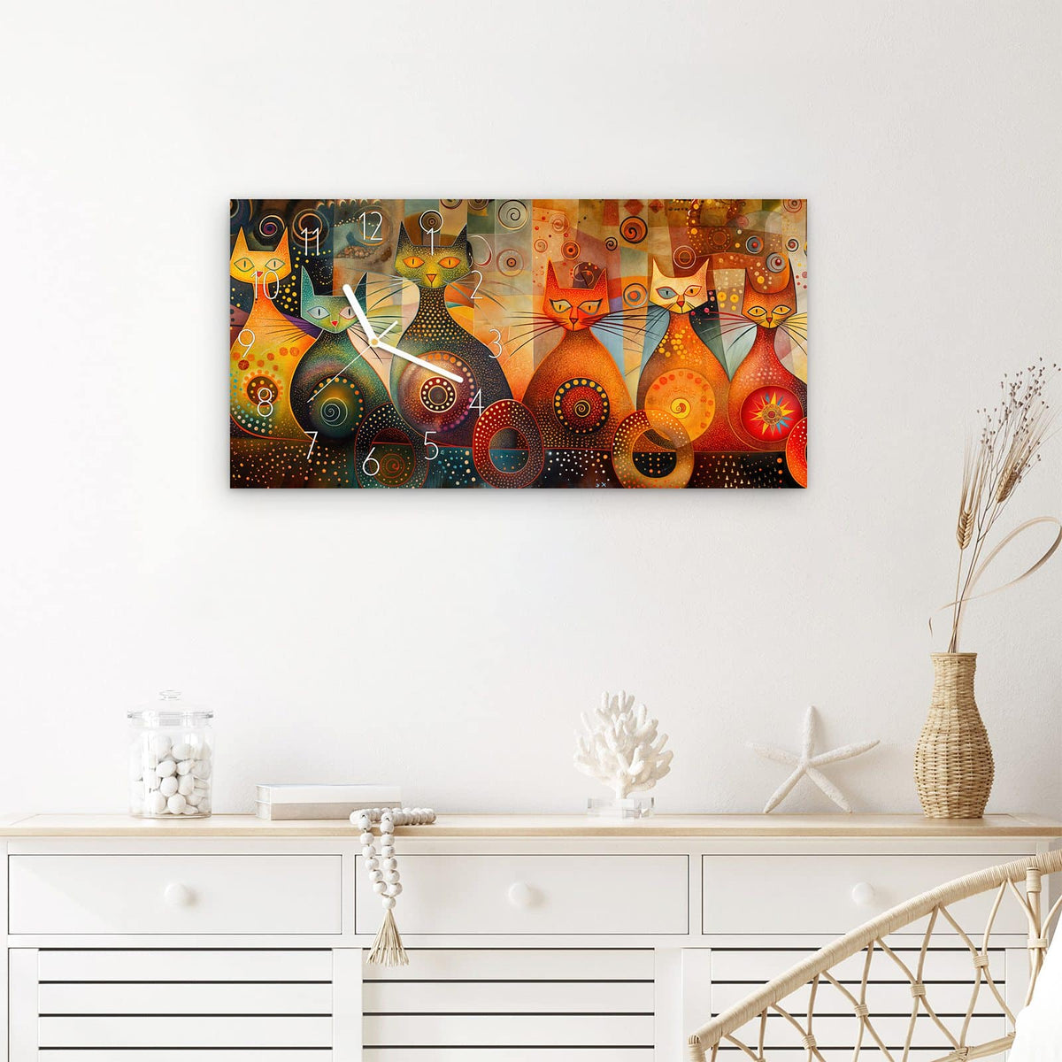 Wanduhr Katzenkunstwerk aus Glas – Querformat 60 × 30 cm – Kubistische Katzen in warmem Orange
