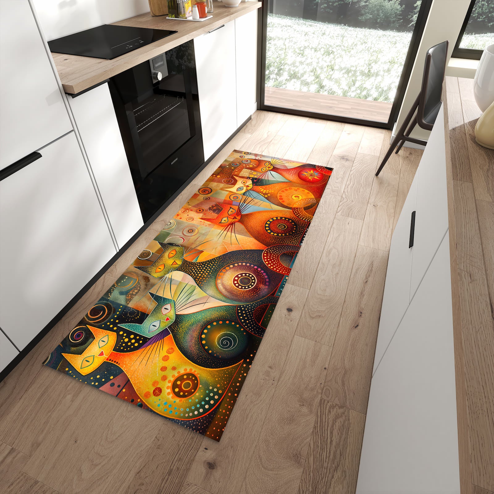 Rutschfester waschbarer Küchenteppich mit Motiv Katzenkunstwerk in moderner Küche