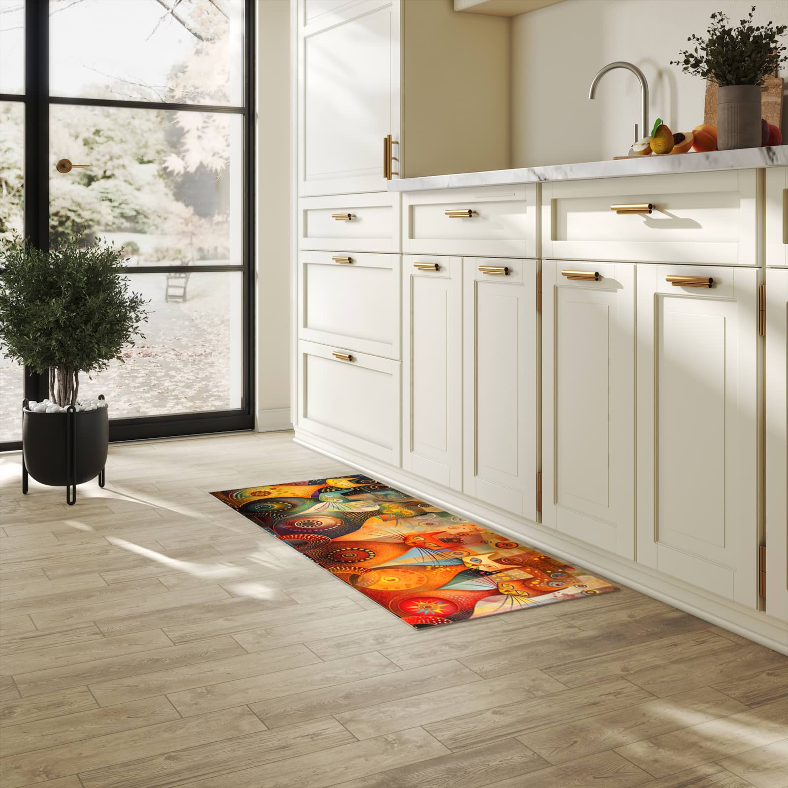 Pflegeleichter Läufer mit Motiv Katzenkunstwerk in heller Küche für einfache Reinigung