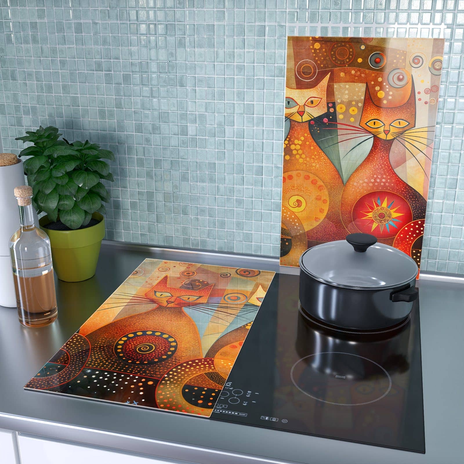 2-teilige Herdabdeckung mit Katzenkunstwerk-Motiv als Spritzschutz hinter dem Kochfeld