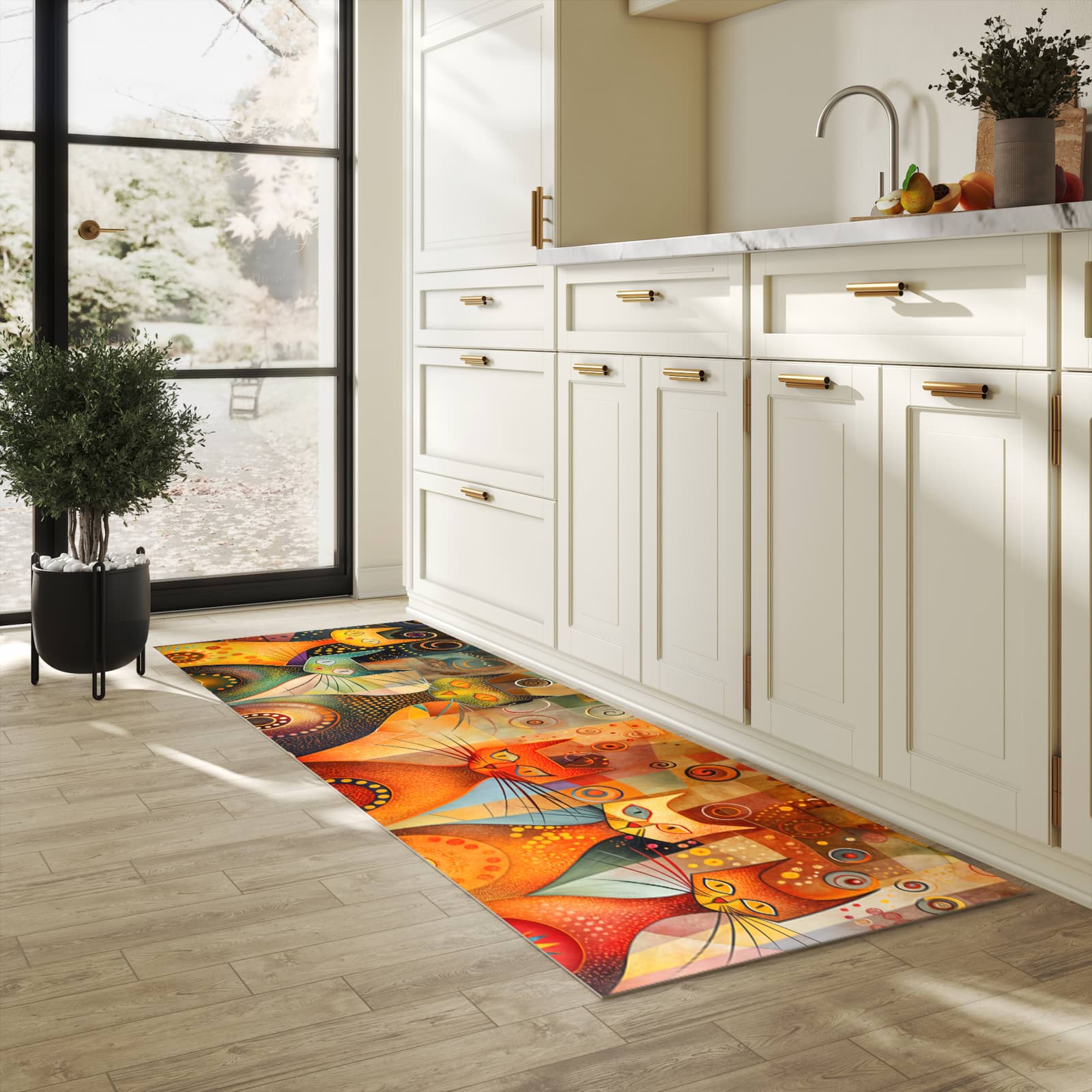 Feuchtigkeitsresistenter Bodenläufer mit Motiv Katzenkunstwerk in heller Küche